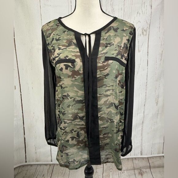 A.N.A Camouflage Semi Sheer Blouse Tunic Longsleeve Tie Neckline - Picture 1 of 4